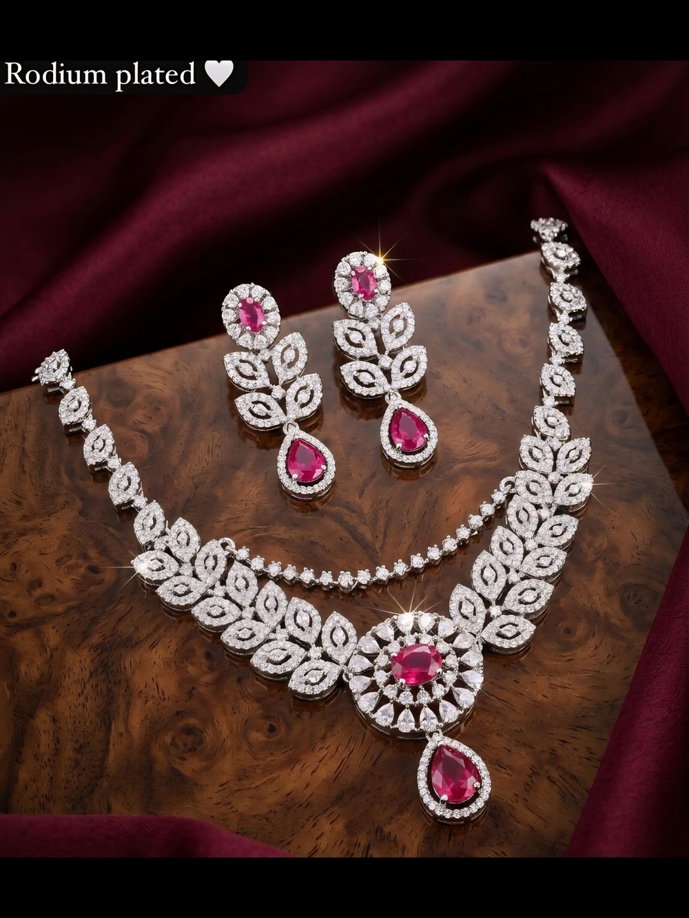 Rhodium Plated Pink Crystal Necklace & Earring Set